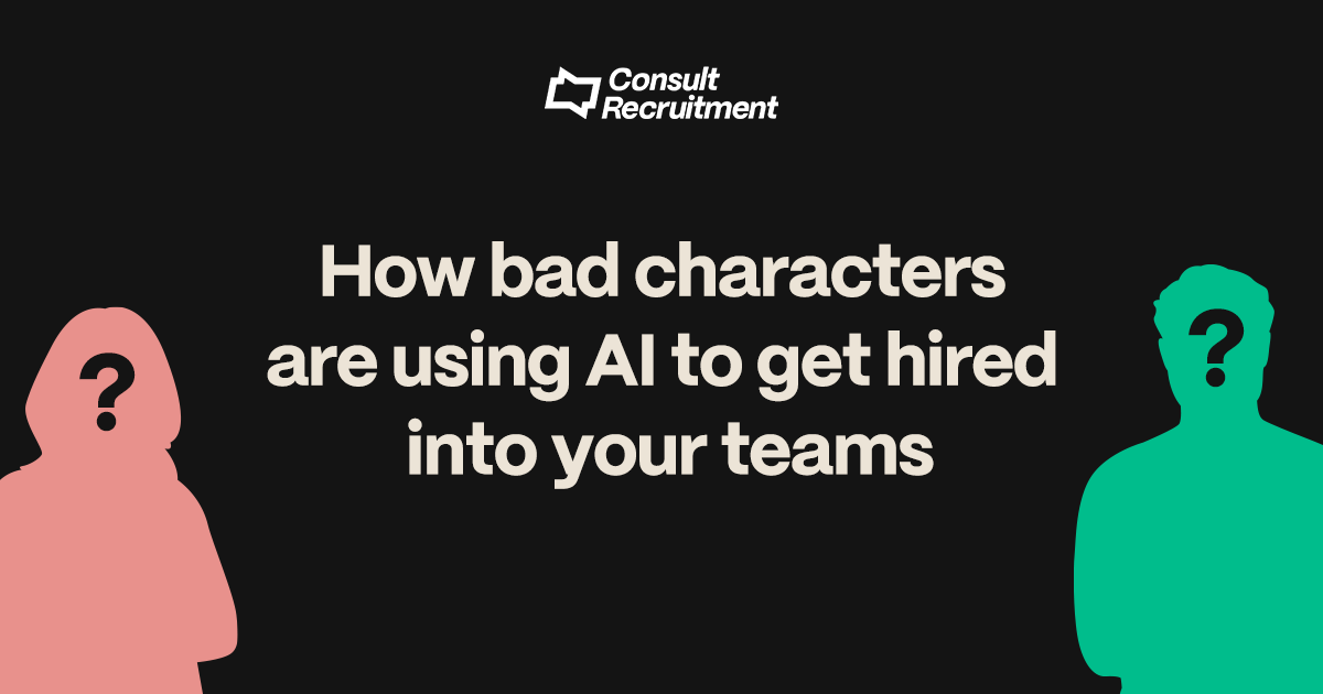 Question marks on silhouette figures to represent deceptive job applicants.